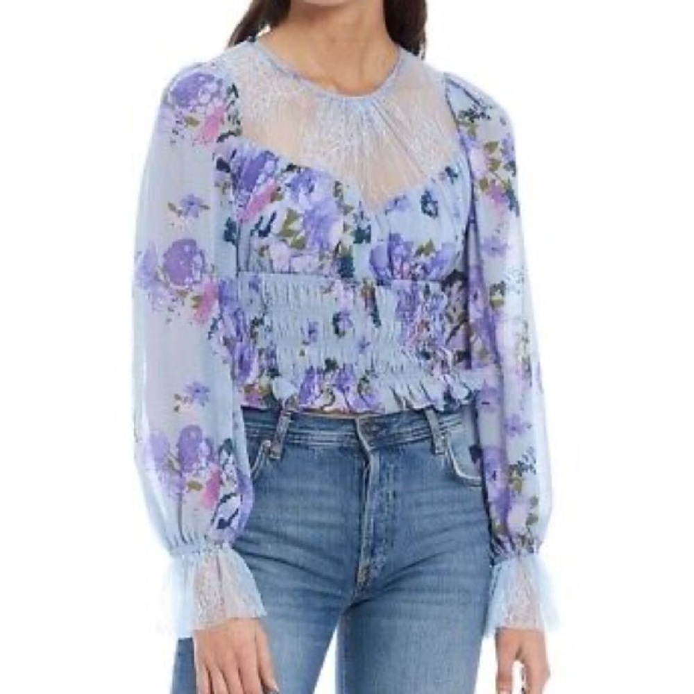 Free People Lace Detail Blue Top